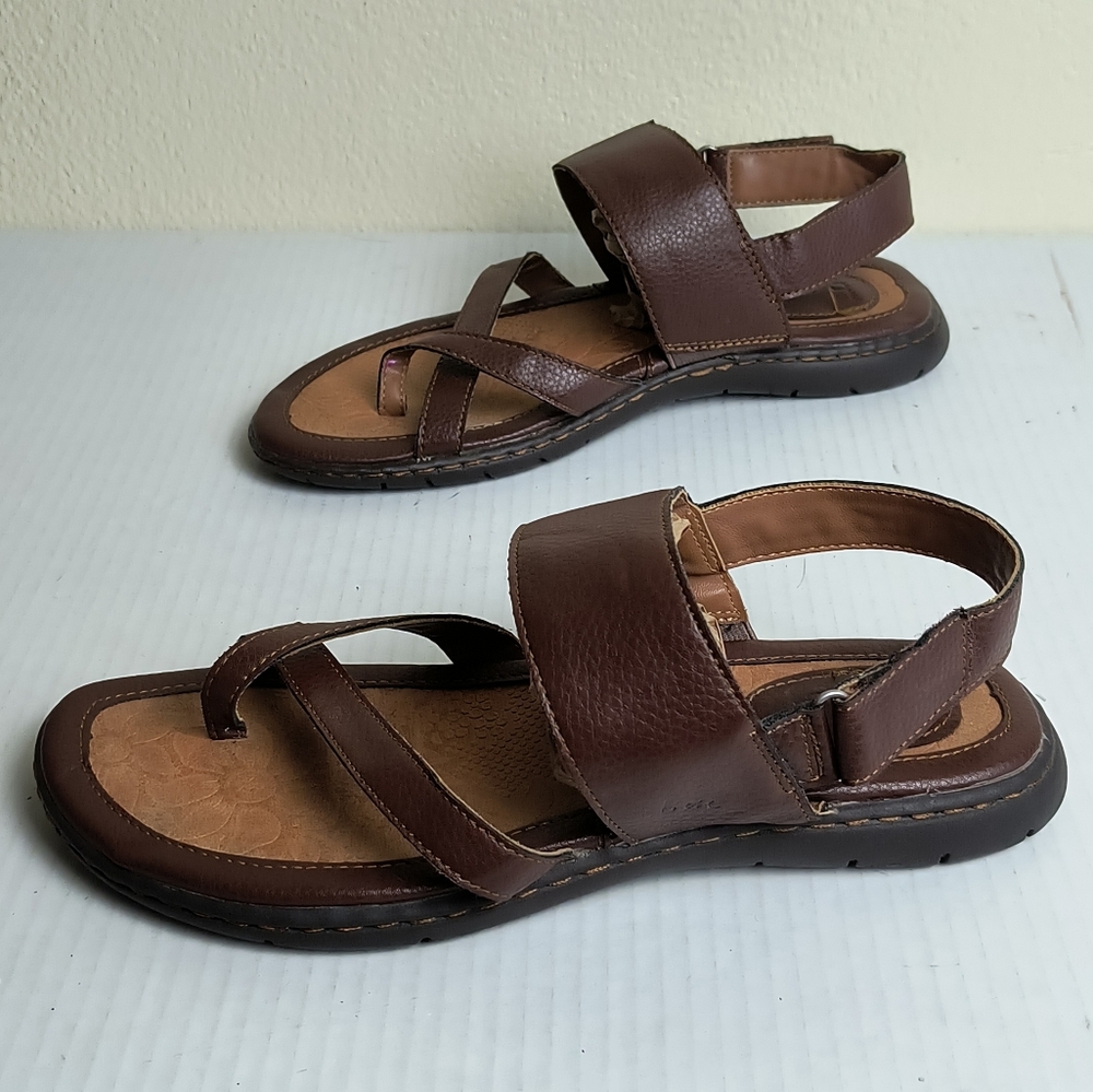 b∅c 9M Brown Leather Sandals Sling Hook & Loop Loop Toe